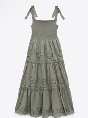 Zara Olive Green Eyelet Smocked Maxi Dress with Tie Straps